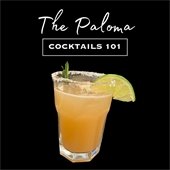 a photos of a paloma drink that is pink with a lime and says cocktails 101 the paloma