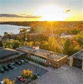 wayzata city hall aerial view at sunset
