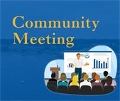 Community meeting! graphic of people sitting a listening to a presentation