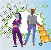 image with graphics of a nurse and delivery worker