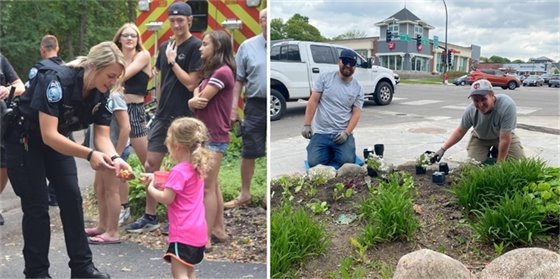 a split image of police at night to unite and public works planting flowers