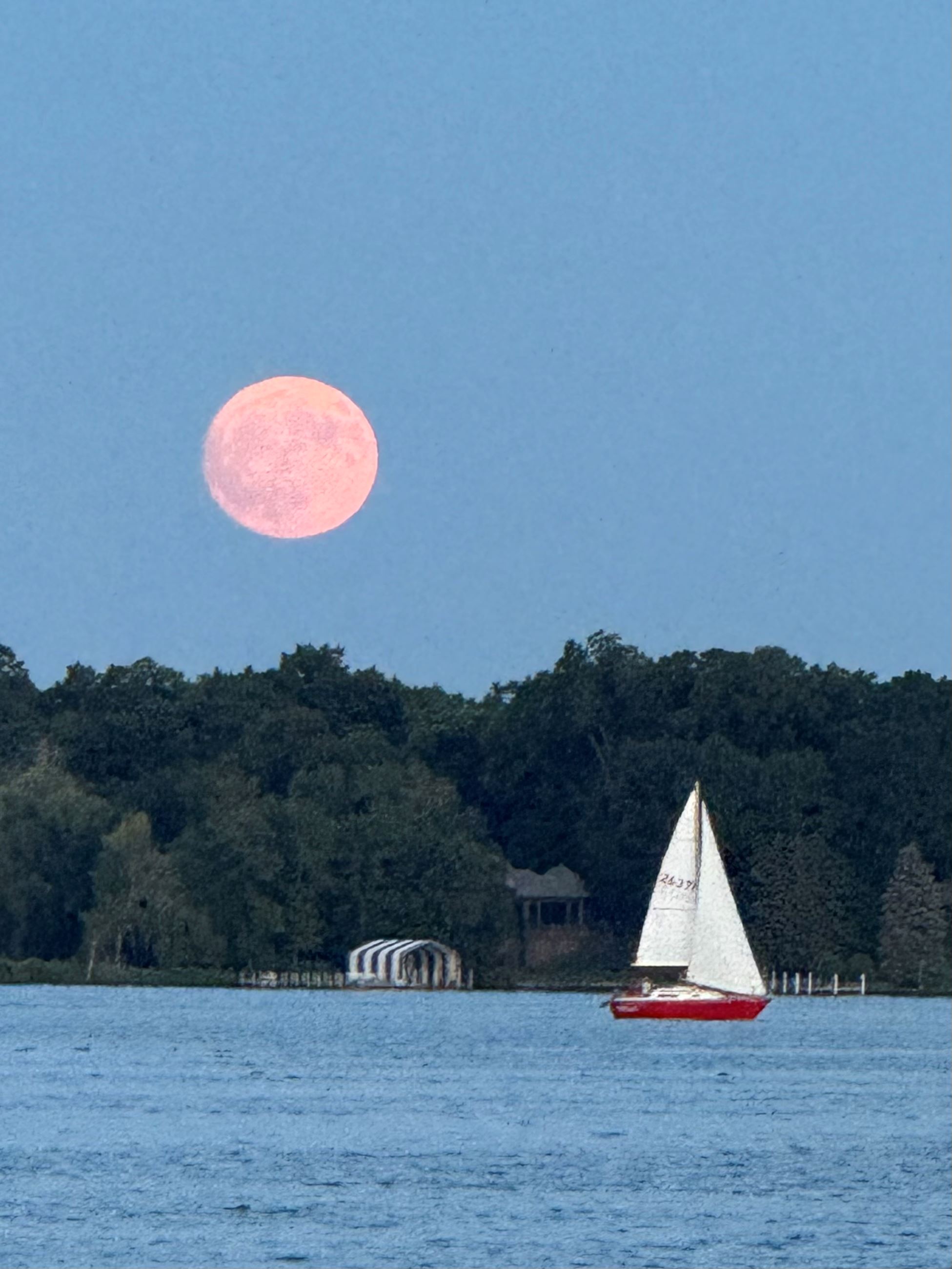 sailboat on Lake Minnetonka with orange full moon in the sky